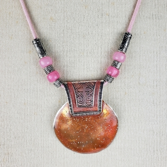 VCLM Boho Medallion Statement Necklace Enameled Beachy - Picture 5 of 10